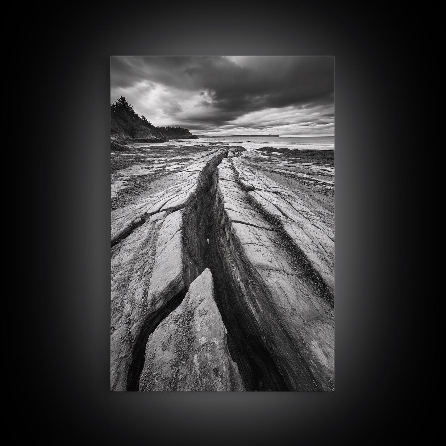 Coastal Rock Divide, Nature Pathway, Moody Beach Print, Living Room Decor, Framed Canvas Print, Minimalist Earthy Wall Art, Den Decor