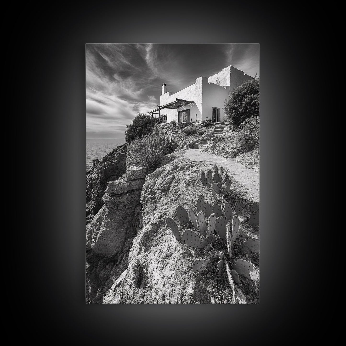 Cliffside Villa, Mediterranean Home, Desert Garden, Rustic Landscape Print, Framed Canvas Print, Modern Boho Living Room Art