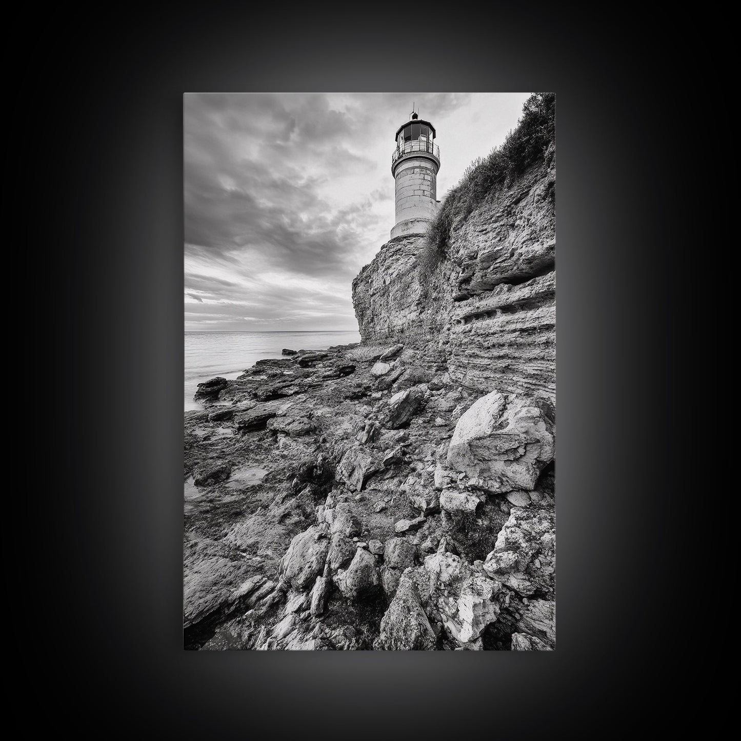 Lighthouse Beacon, Rocky Shoreline, Nautical Coastal Scene, Framed Canvas Print, Ocean View Art, Seaside Living Room Wall Decor