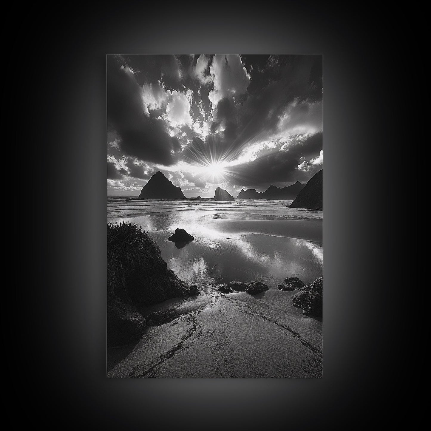 Dramatic Ocean Sunset, Coastal Mountains, Seascape Photography, Canvas Print, Stormy Sky Art, Living Room Focal Wall Decor