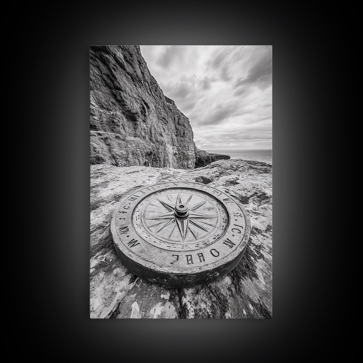 Compass On Cliff, Adventure Travel Art, Nautical Wall Decor, Framed Canvas Print, Rustic Office Art, Nature Explorer Gift Idea
