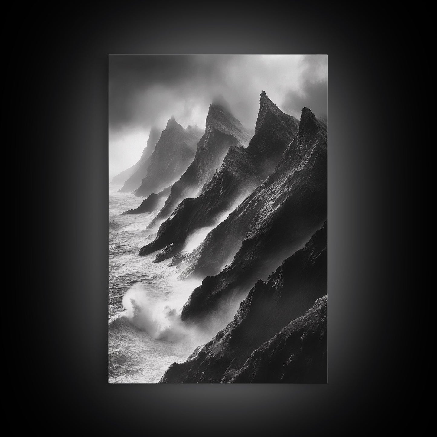 Jagged Cliff Coast, Stormy Ocean Scene, Dramatic Nature Art, Black White Photography, Framed Canvas Print, Office Wall Art, Coastal Decor