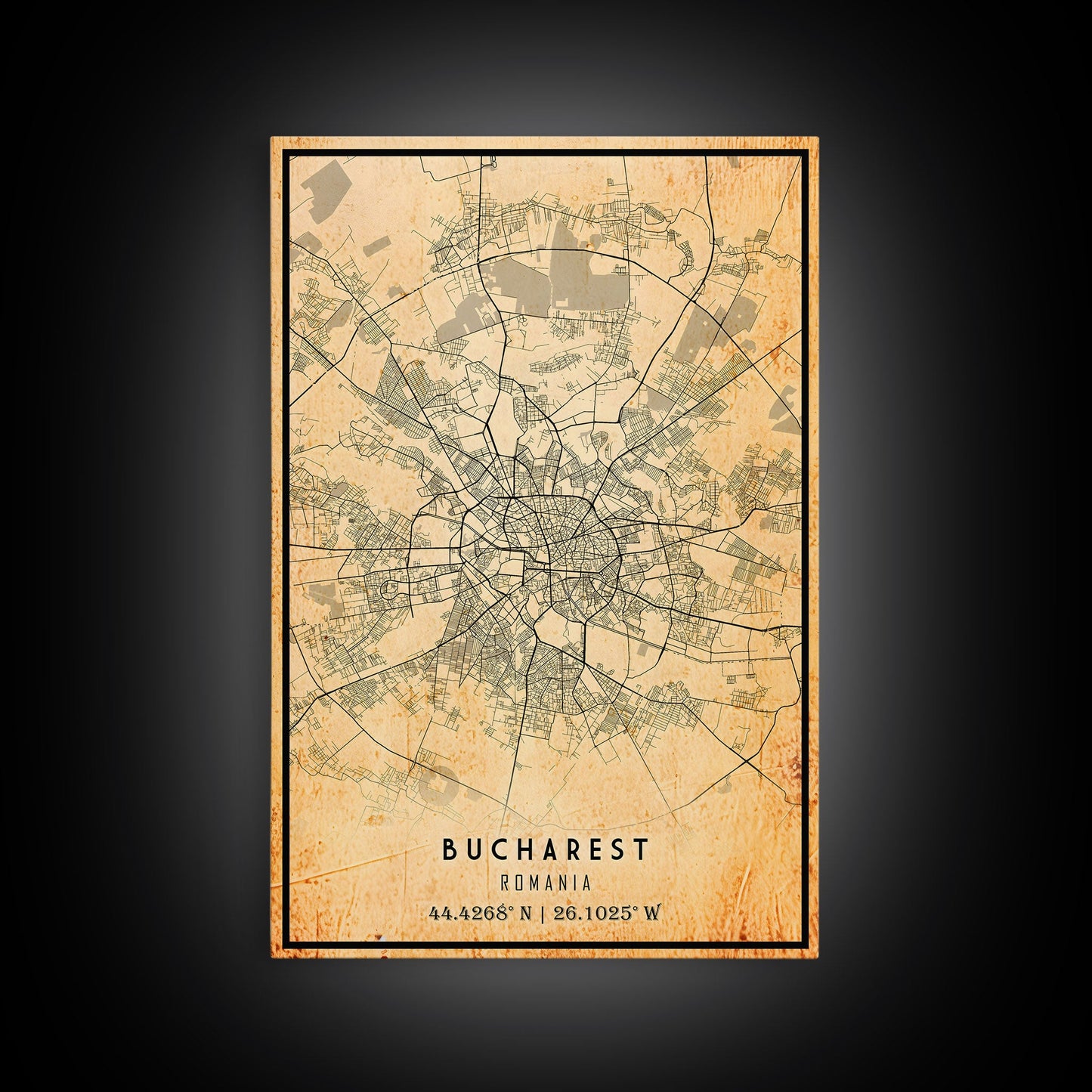 Vintage Style Bucharest City Map Wall Art Canvas Print, Distressed Bucharest Map, Framed Wall Art, Cool RomaniaTravel Wall Art, Office Art