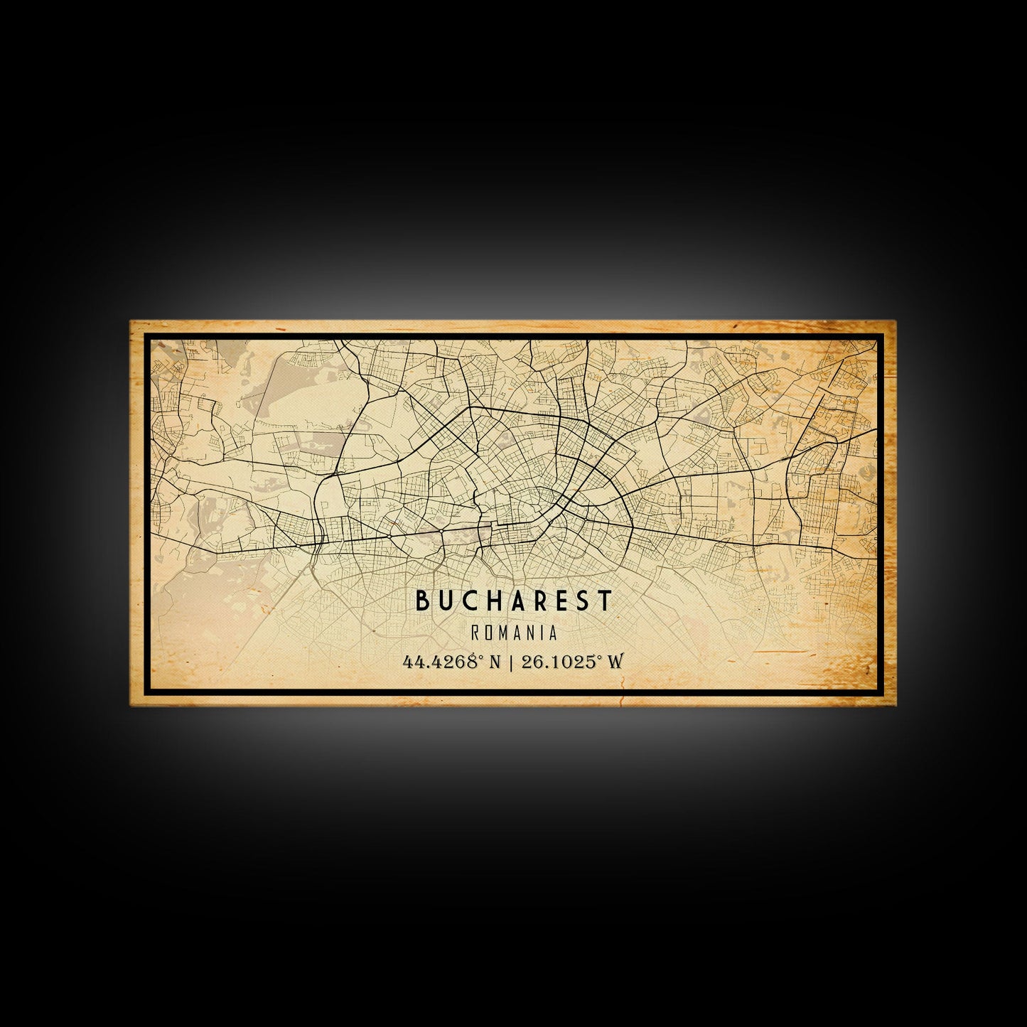 Panoramic Vintage Style Bucharest City Map Wall Art Canvas Print, Distressed Bucharest Map, Framed Art, Cool Travel Wall Art, Office Art