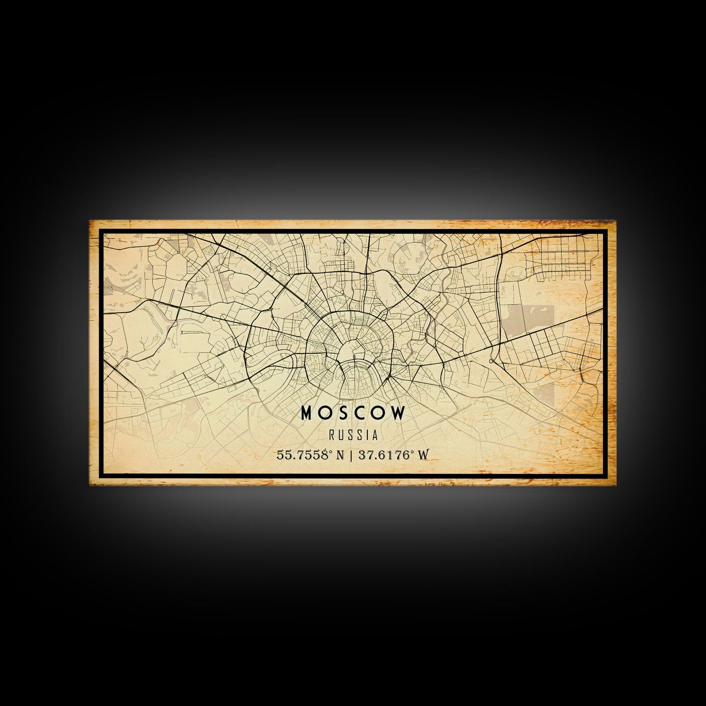 Vintage Style Moscow City Map Wall Art Canvas Print, Distressed Moscow Russia Map, Framed Wall Art, Cool Moscow Travel Wall Art, Office Art