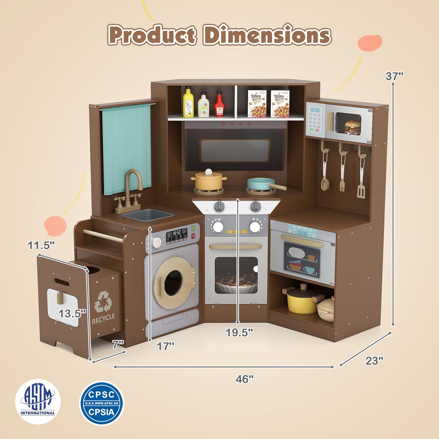 Corner Kitchen Toys with Lights and Sounds with Pull-out Trash Can and Stoves