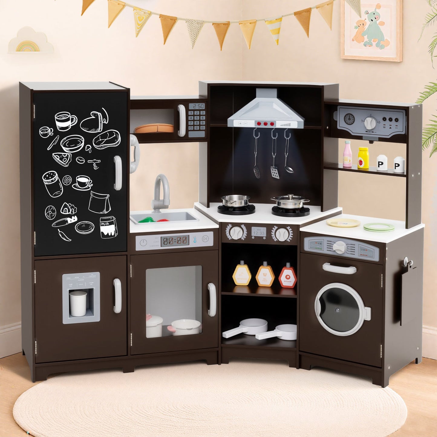 Corner Wooden Play Kitchen with Lights and Sounds Large Pretend Play Kitchen Set