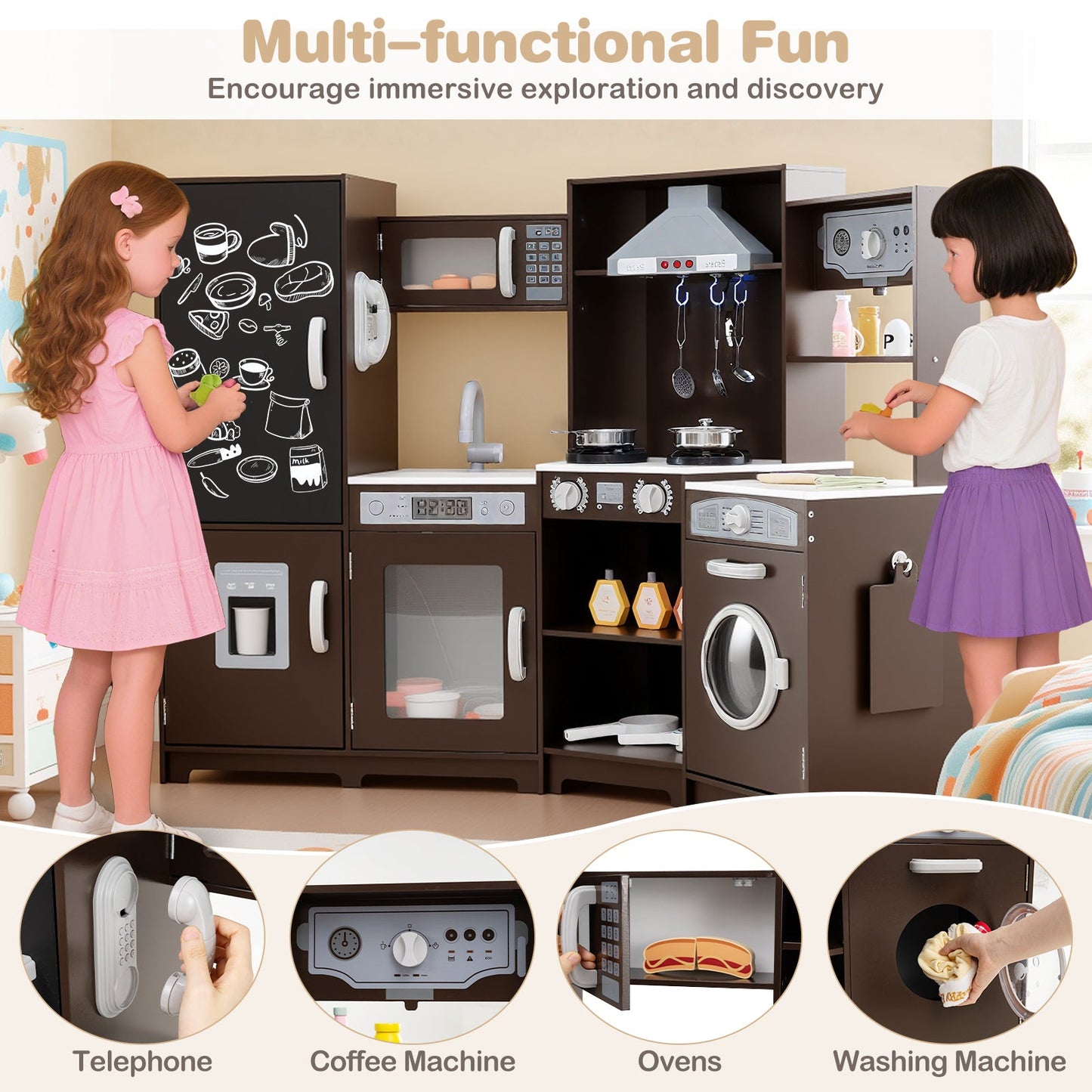 Corner Wooden Play Kitchen with Lights and Sounds Large Pretend Play Kitchen Set