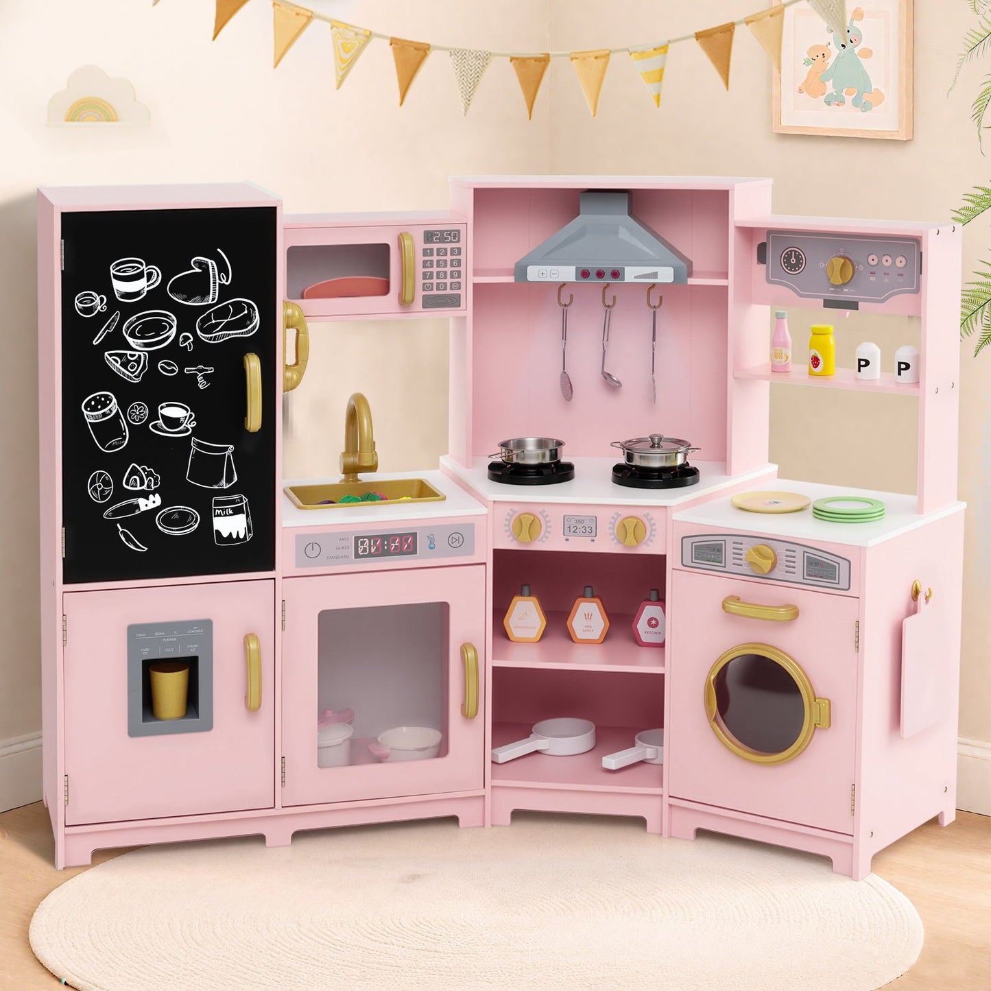 Corner Wooden Play Kitchen with Lights and Sounds Large Pretend Play Kitchen Set
