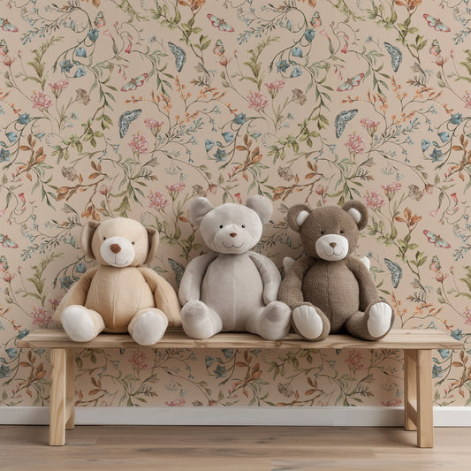 Cottage Meadow Blush – Peach Floral Wallpaper with Butterflies