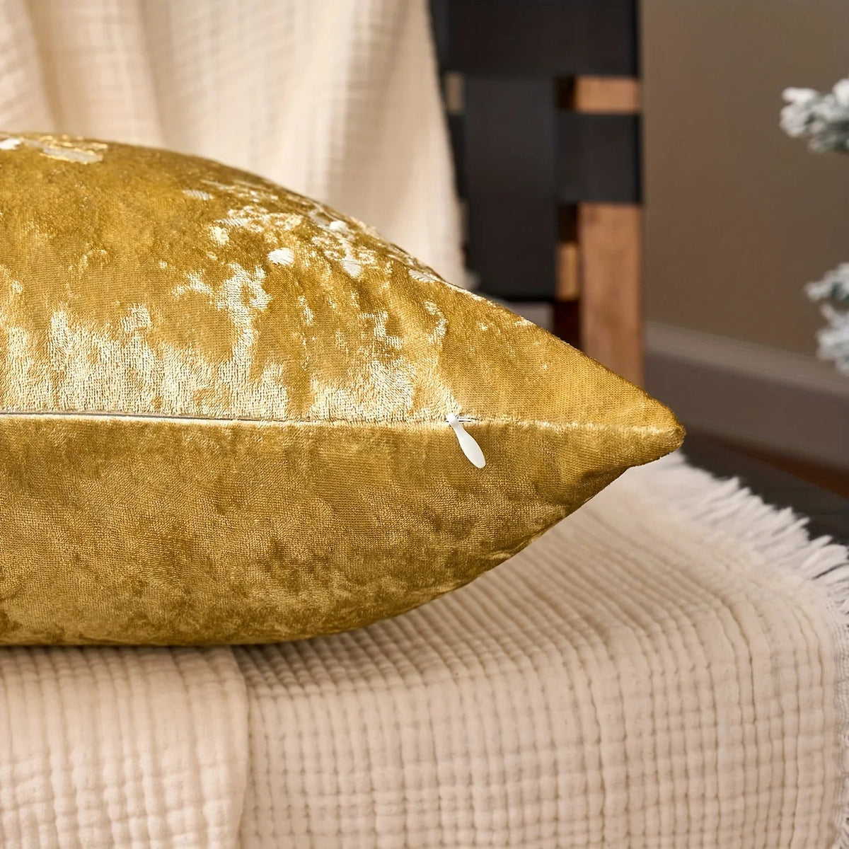 Cotton Christmas Pillow Cover 18x18 inches, White with Golden Snowflake Design