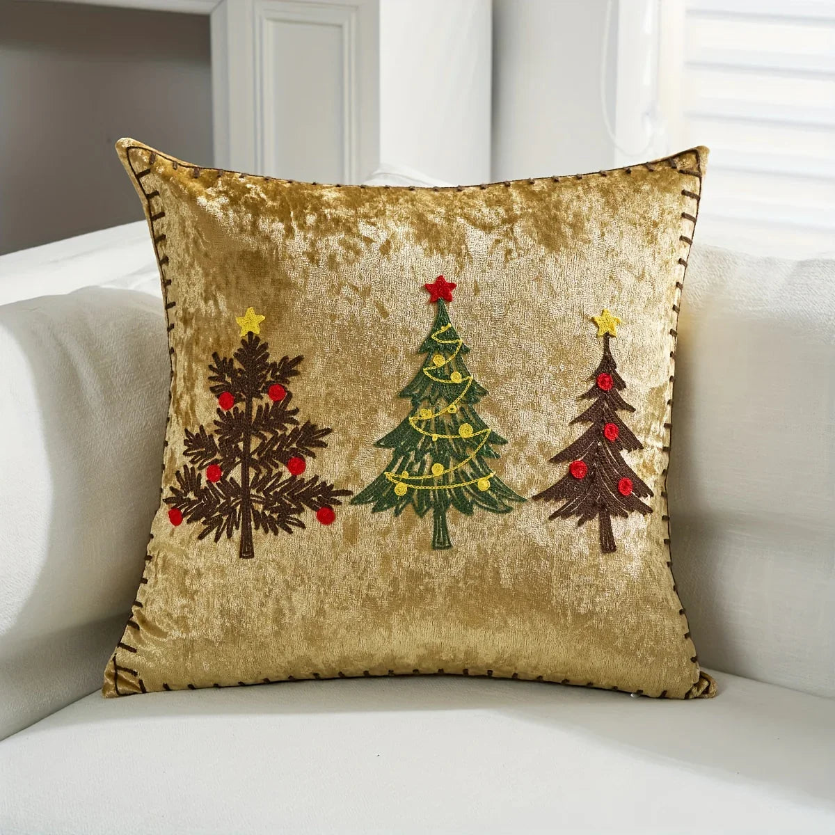 Cotton Christmas Pillow Cover 18x18 inches, White with Golden Snowflake Design