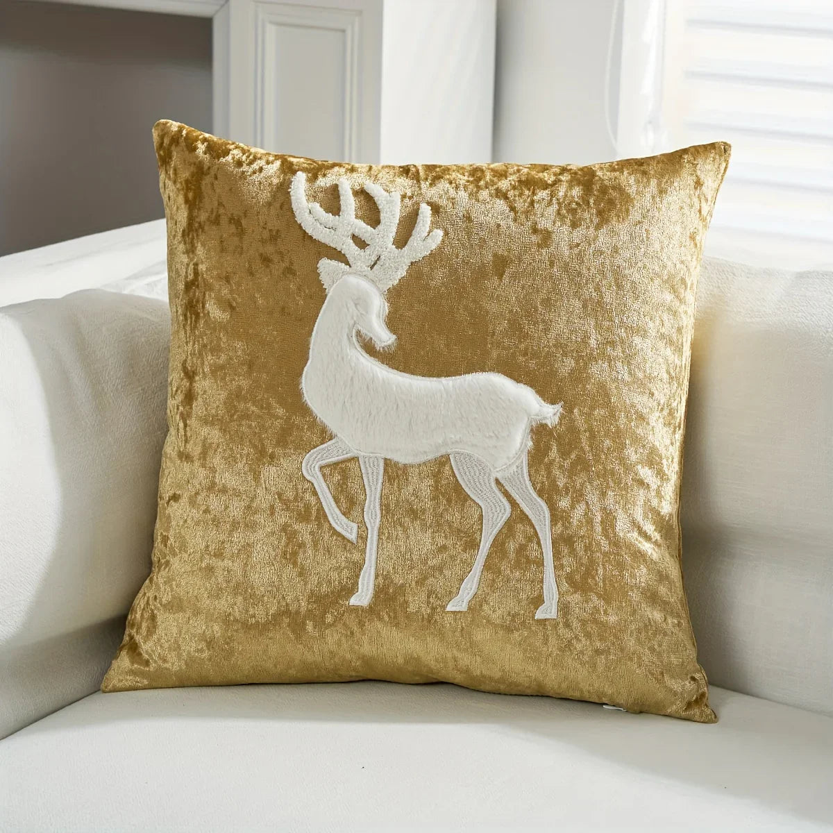 Cotton Christmas Pillow Cover 18x18 inches, White with Golden Snowflake Design