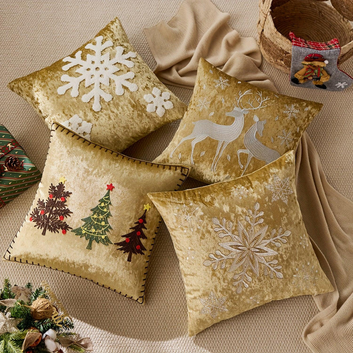 Cotton Christmas Pillow Cover 18x18 inches, White with Golden Snowflake Design