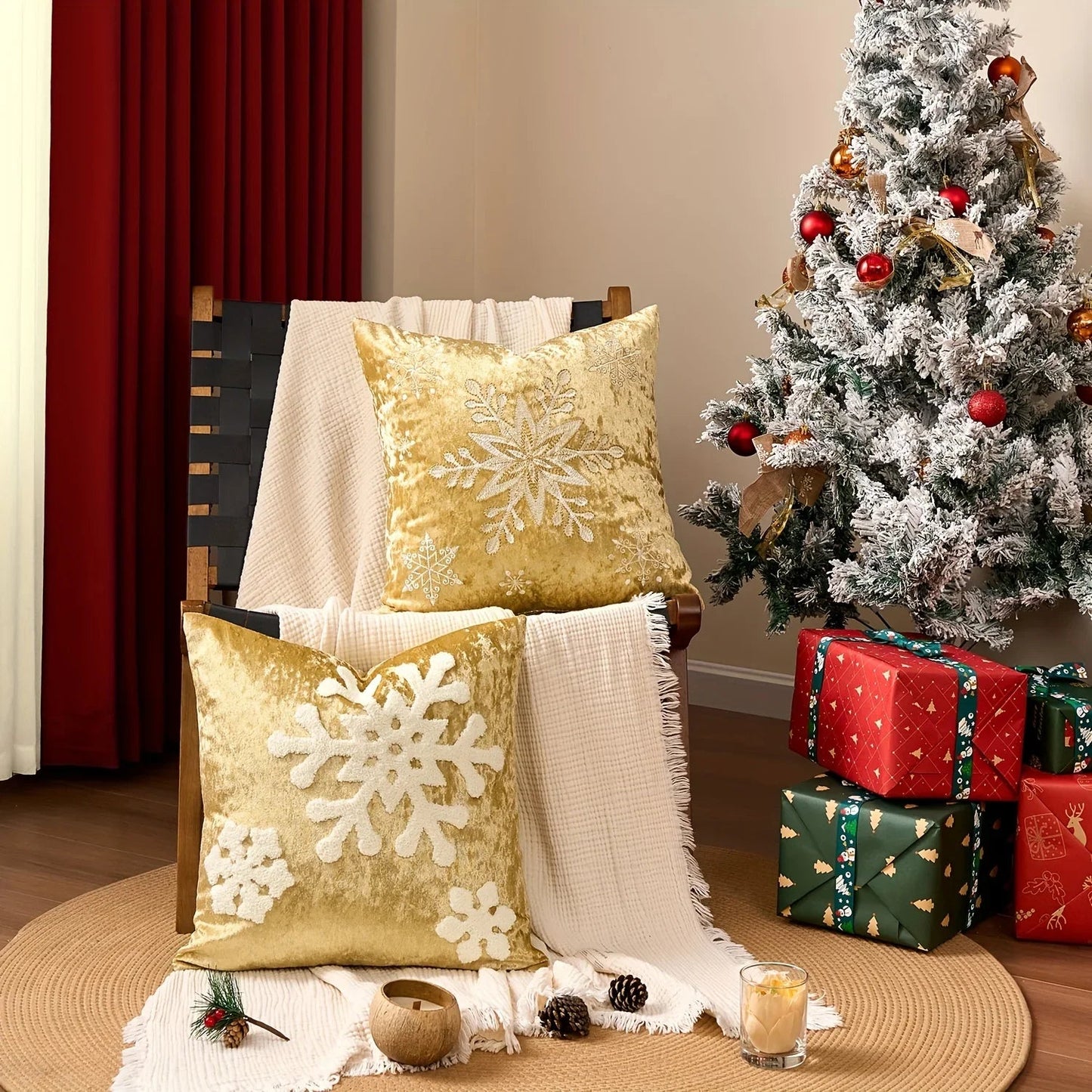 Cotton Christmas Pillow Cover 18x18 inches, White with Golden Snowflake Design