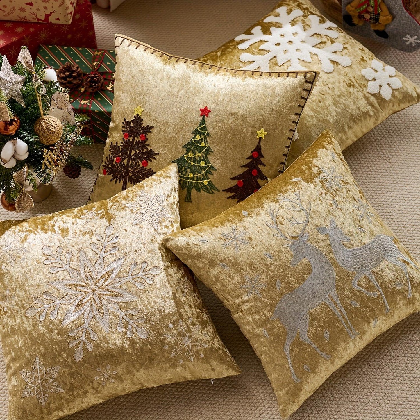 Cotton Christmas Pillow Cover 18x18 inches, White with Golden Snowflake Design