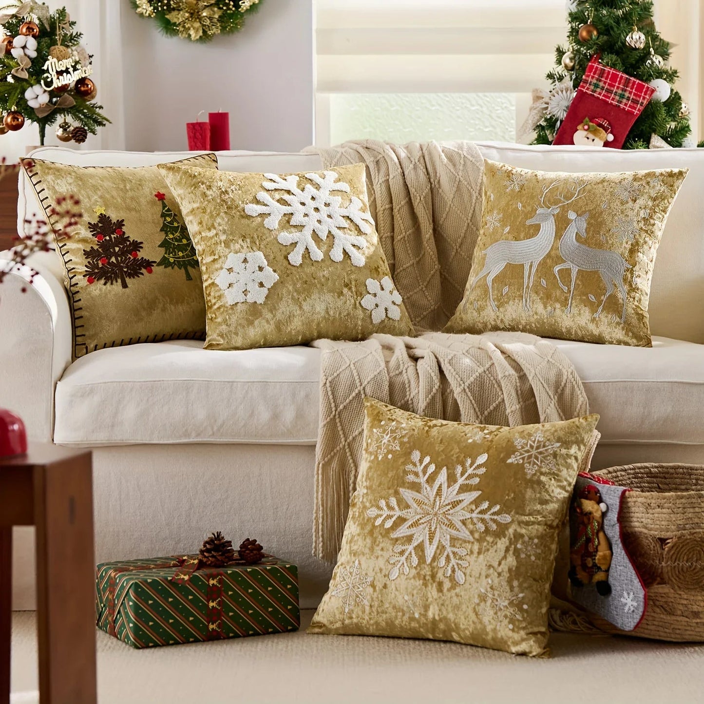 Cotton Christmas Pillow Cover 18x18 inches, White with Golden Snowflake Design