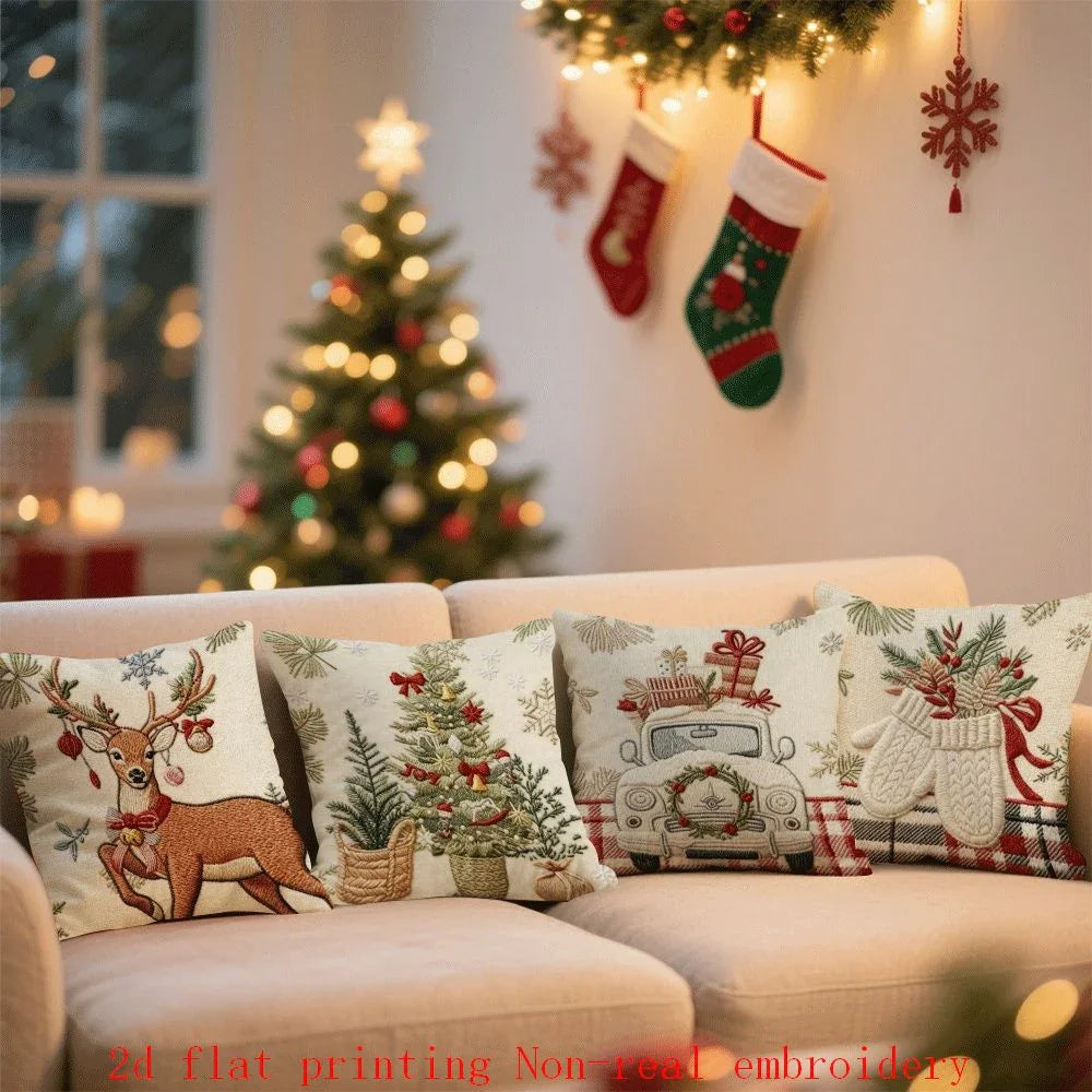 Cotton Pillow Covers with Embroidered Christmas Tree, 17.72" x 17.72" Zipper Cushion Cover