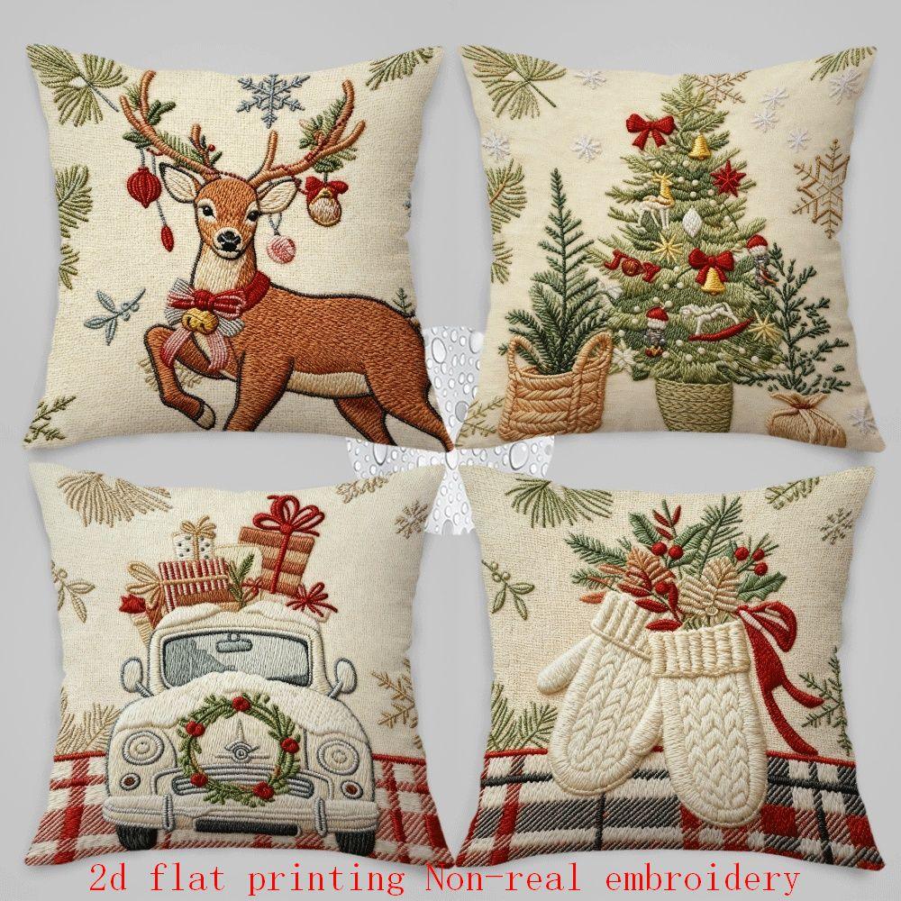 Cotton Pillow Covers with Embroidered Christmas Tree, 17.72" x 17.72" Zipper Cushion Cover