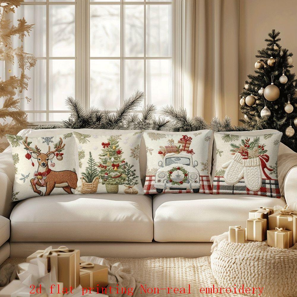 Cotton Pillow Covers with Embroidered Christmas Tree, 17.72" x 17.72" Zipper Cushion Cover