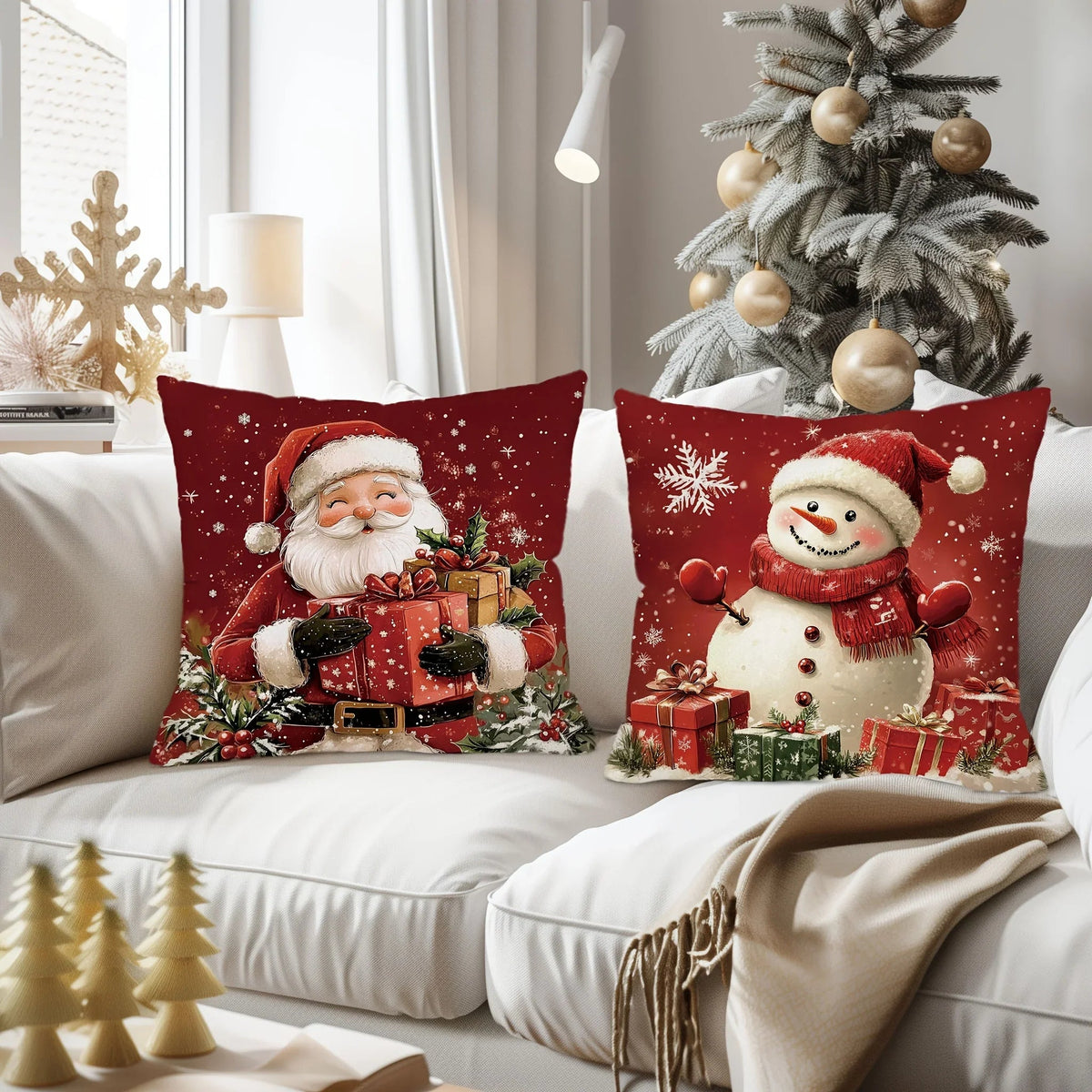 Cotton Throw Pillow Covers, Zipper Closure, 45.72x45.72 cm, Retro Christmas Designs
