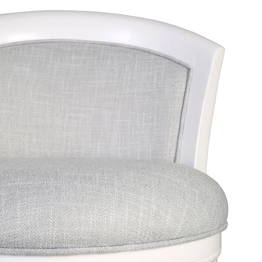 Close-up of the Kitty Hawk Swivel Stool in white and light grey fabric showing elegant design and upholstery.