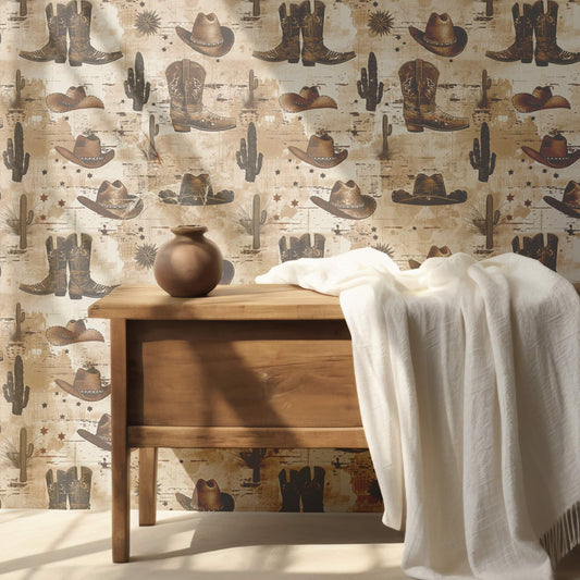 Desert Cactus & Boots Wallpaper - Coastal Cowgirl Aesthetic
