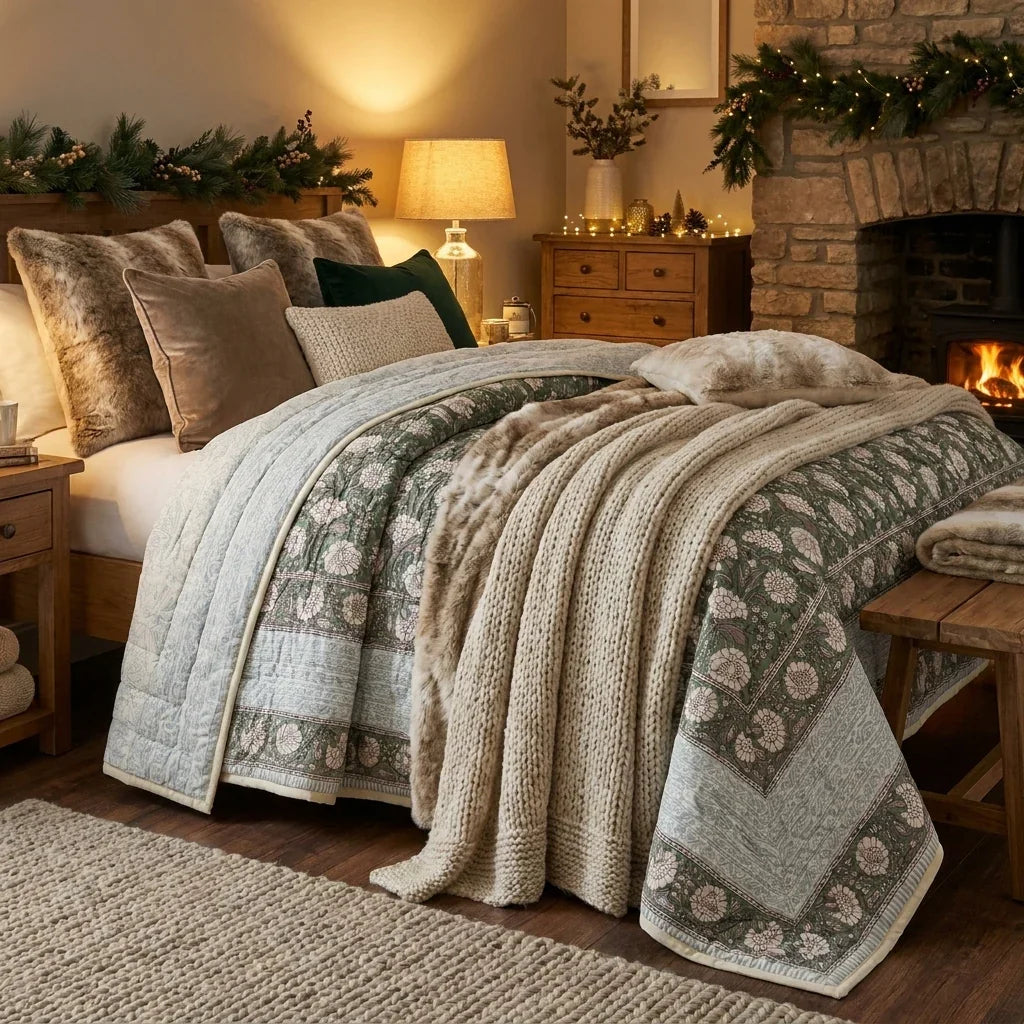 Forest Green Floral Jaipur Indian Hand Block Print Quilted Comforter