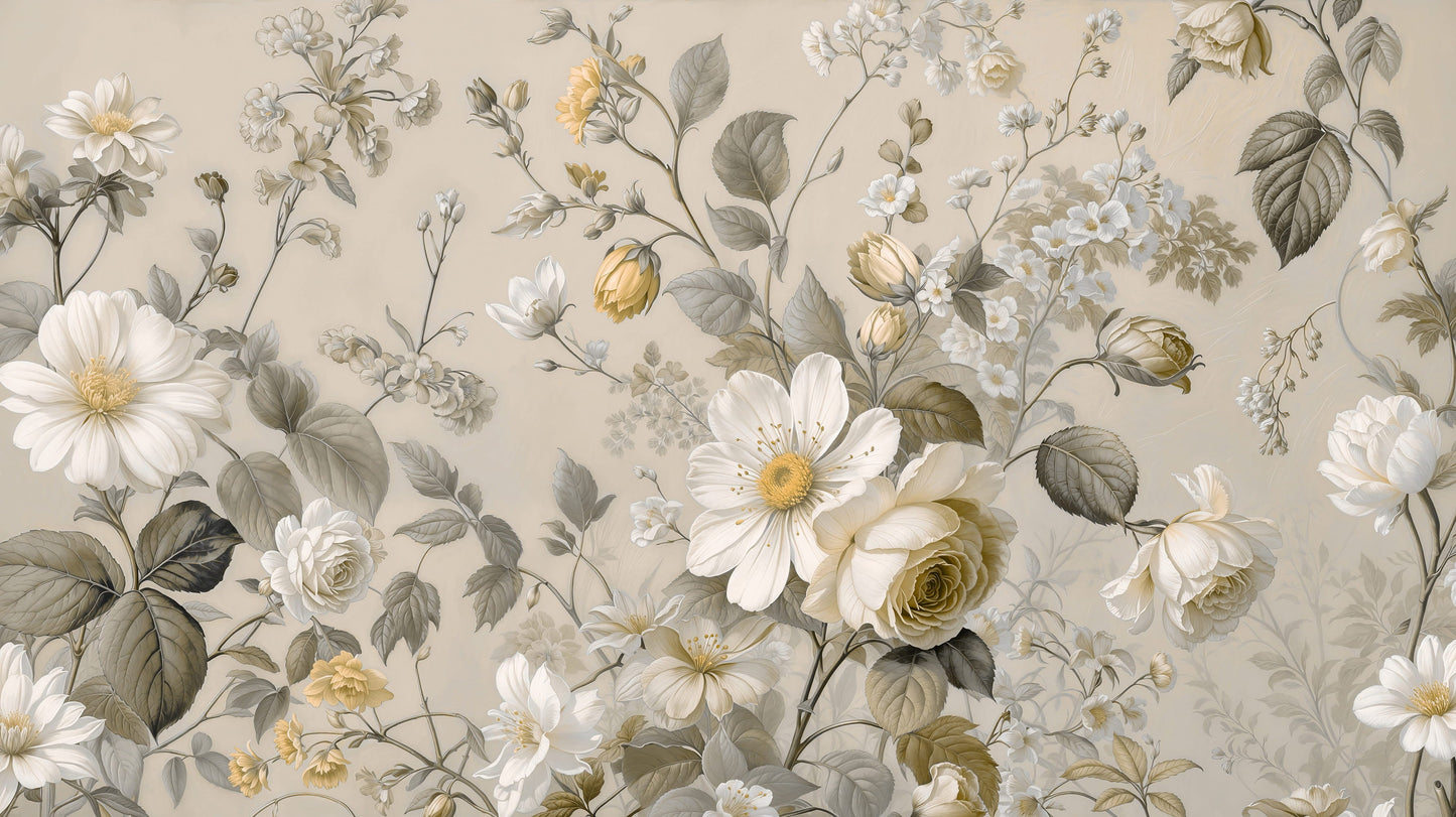 Cream & White Botanical Floral Wall Mural
