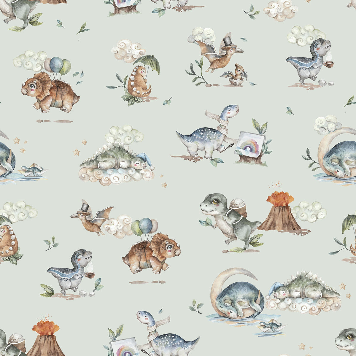 Dino Era Serenity – Watercolor Dinosaur Wallpaper for Nurseries & Kids Rooms