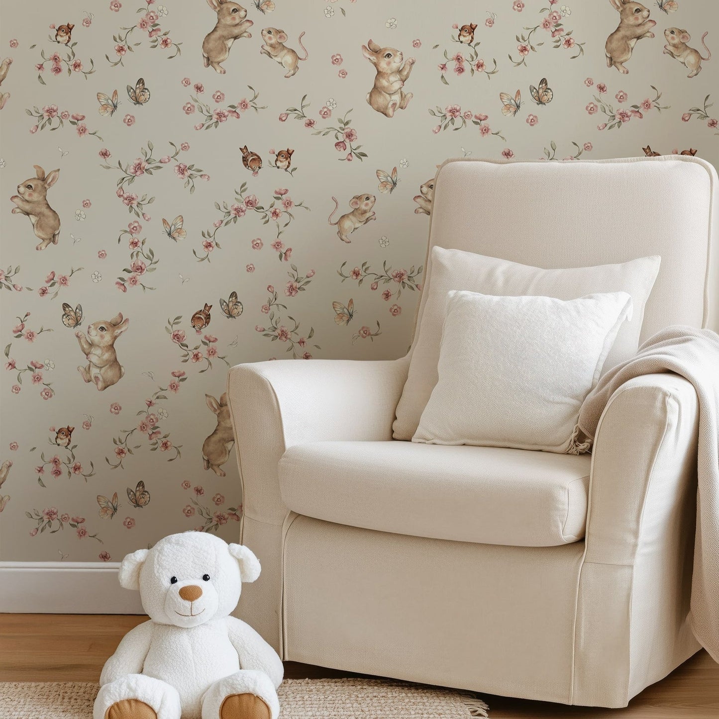 Floral Bunny Wallpaper – Vintage Woodland Nursery Wall Mural