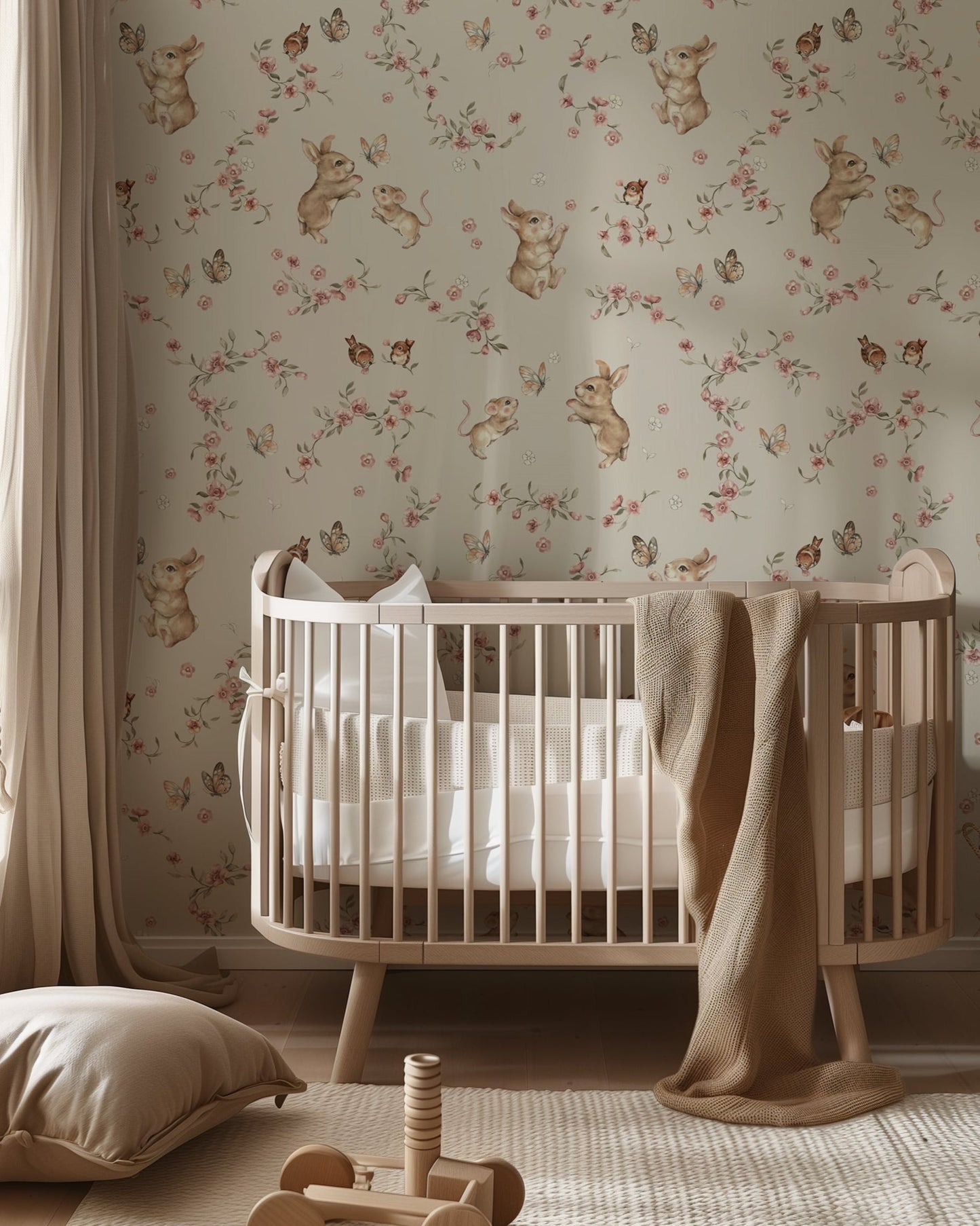 Floral Bunny Wallpaper – Vintage Woodland Nursery Wall Mural