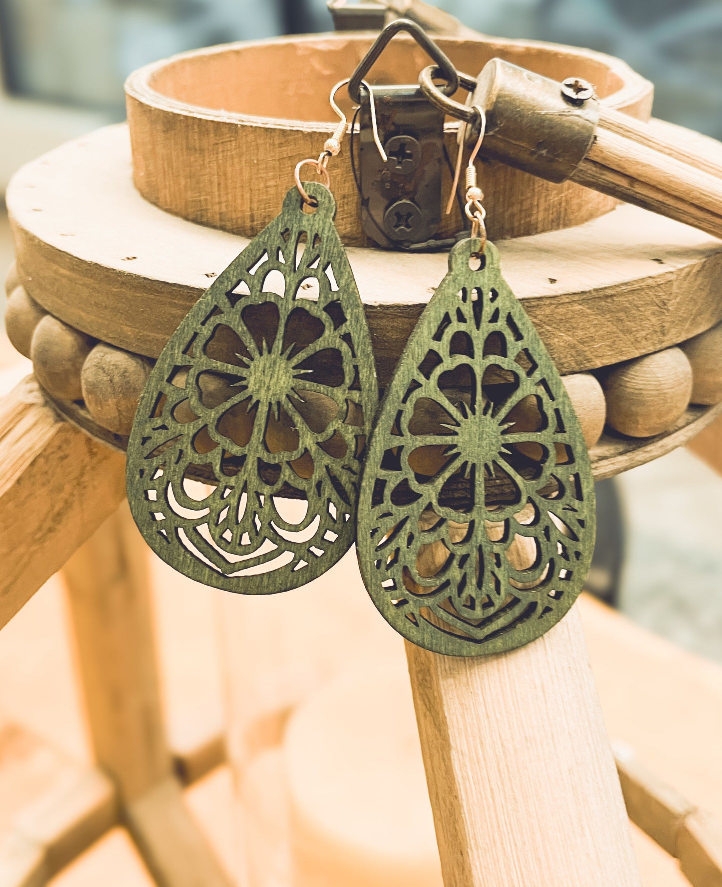 Beautiful Green Laser Cut Wood Floral Earrings