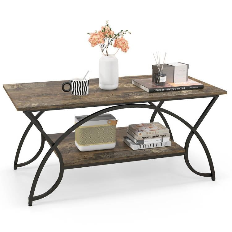 Rustic Farmhouse 2 Tier Brown Wood Coffee Table with Curved Metal Legs showcasing flowers, books, and a coffee cup on top.