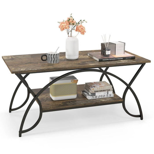 Rustic Farmhouse 2 Tier Brown Wood Coffee Table with Curved Metal Legs showcasing flowers, books, and a coffee cup on top.