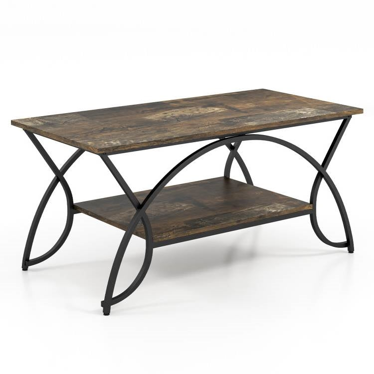 Rustic Farmhouse 2 Tier Brown Wood Coffee Table with Curved Metal Legs featuring a spacious tabletop and lower shelf.