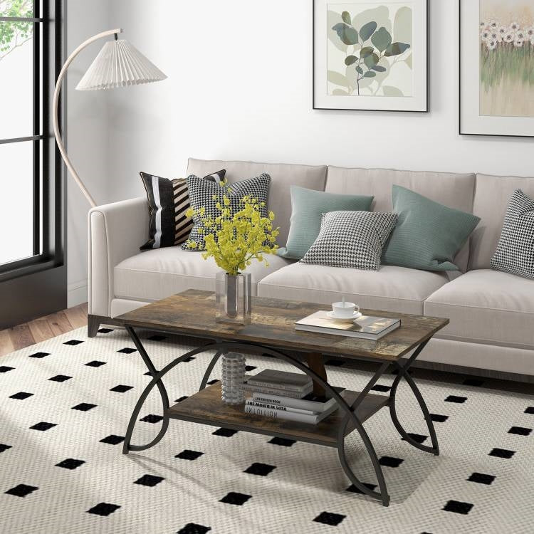Rustic Farmhouse 2 Tier Brown Wood Coffee Table with Curved Metal Legs in stylish living room setting.