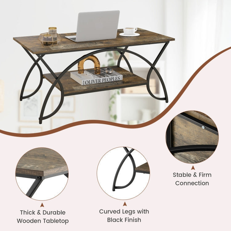 Rustic Farmhouse 2 Tier Brown Wood Coffee Table with Curved Metal Legs showcasing a durable wooden tabletop and elegant design.