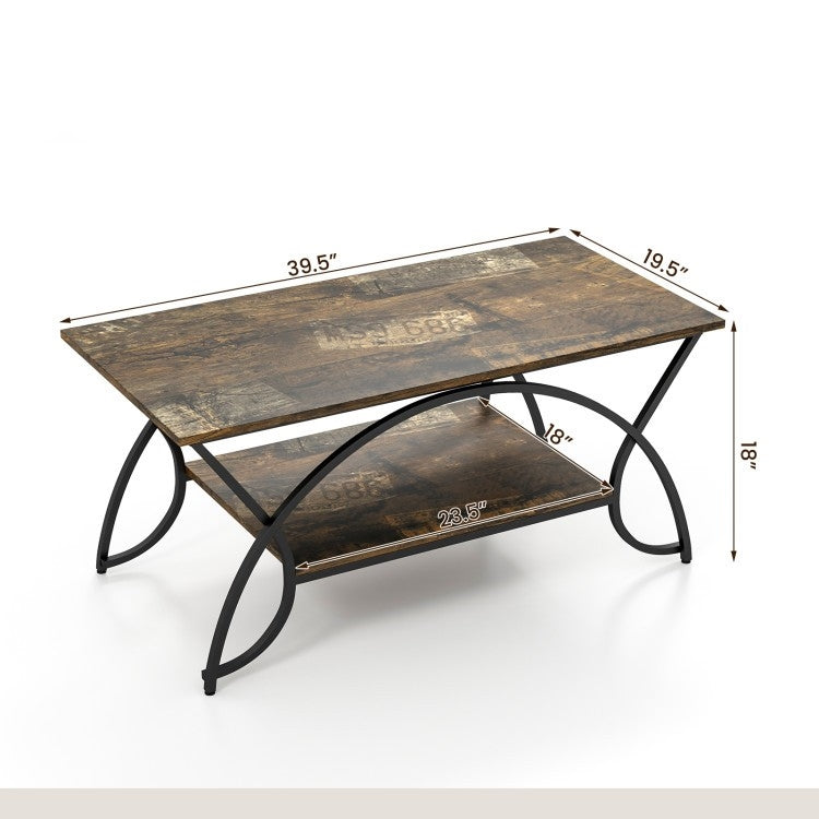 Rustic Farmhouse 2 Tier Brown Wood Coffee Table with Curved Metal Legs, 39.5" x 19.5" dimensions
