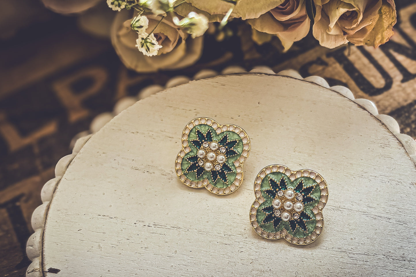 Beautiful Vintage Green and Pearl Stud Earrings