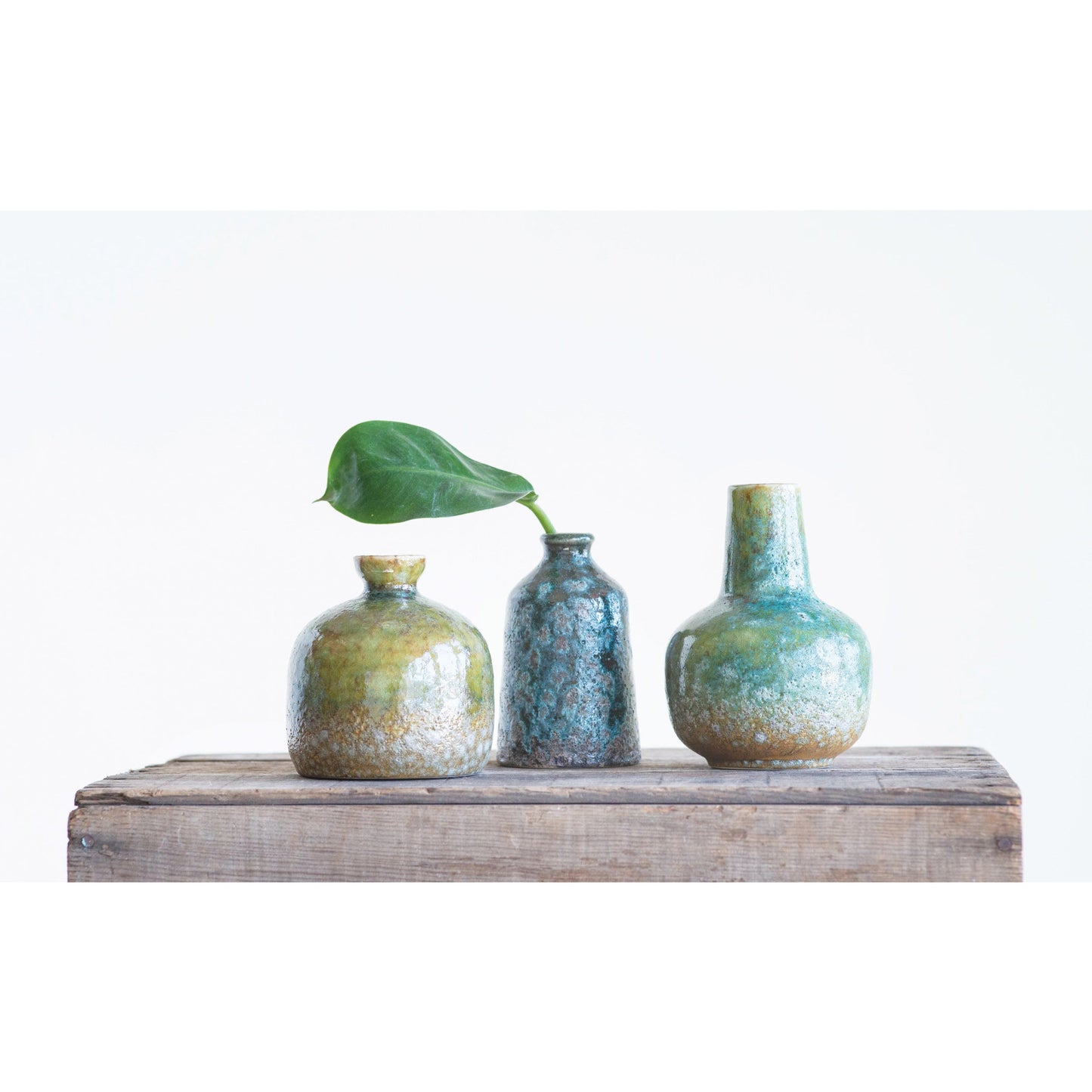 Green & Teal Reactive Glaze Volcano Finish Stoneware Vases
