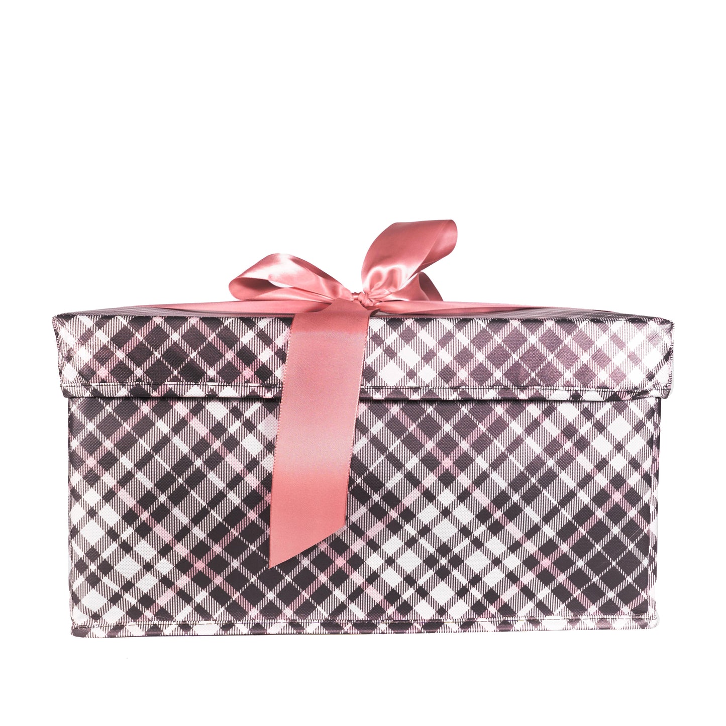 EverBox: Large Pink Plaid Collapsible Gift Box with White Satin Ribbon