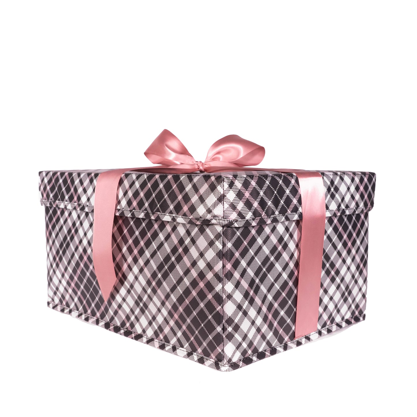 EverBox: Large Pink Plaid Collapsible Gift Box with White Satin Ribbon