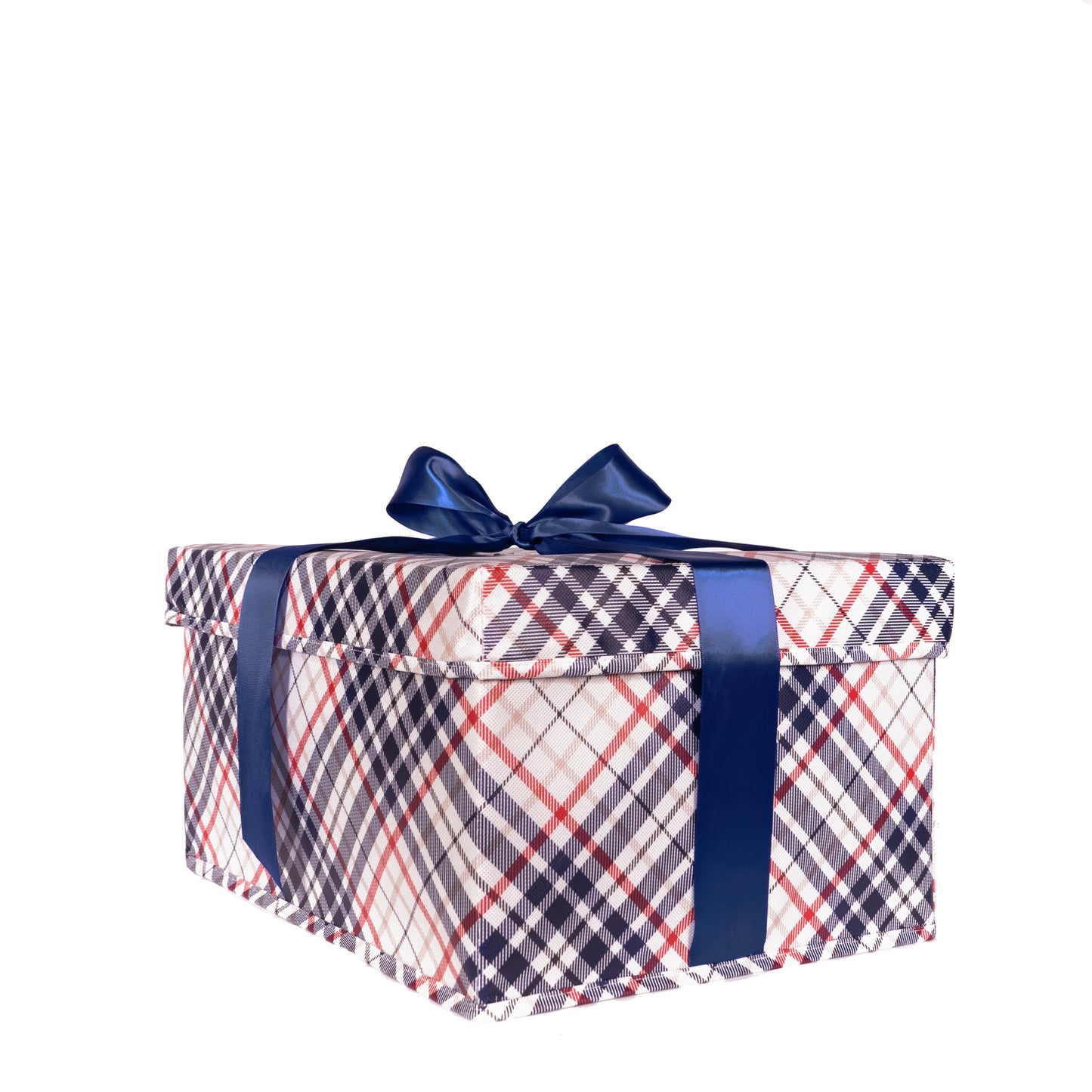 EverBox: Large Blue Plaid Collapsible Gift Box with Blue Satin Ribbon