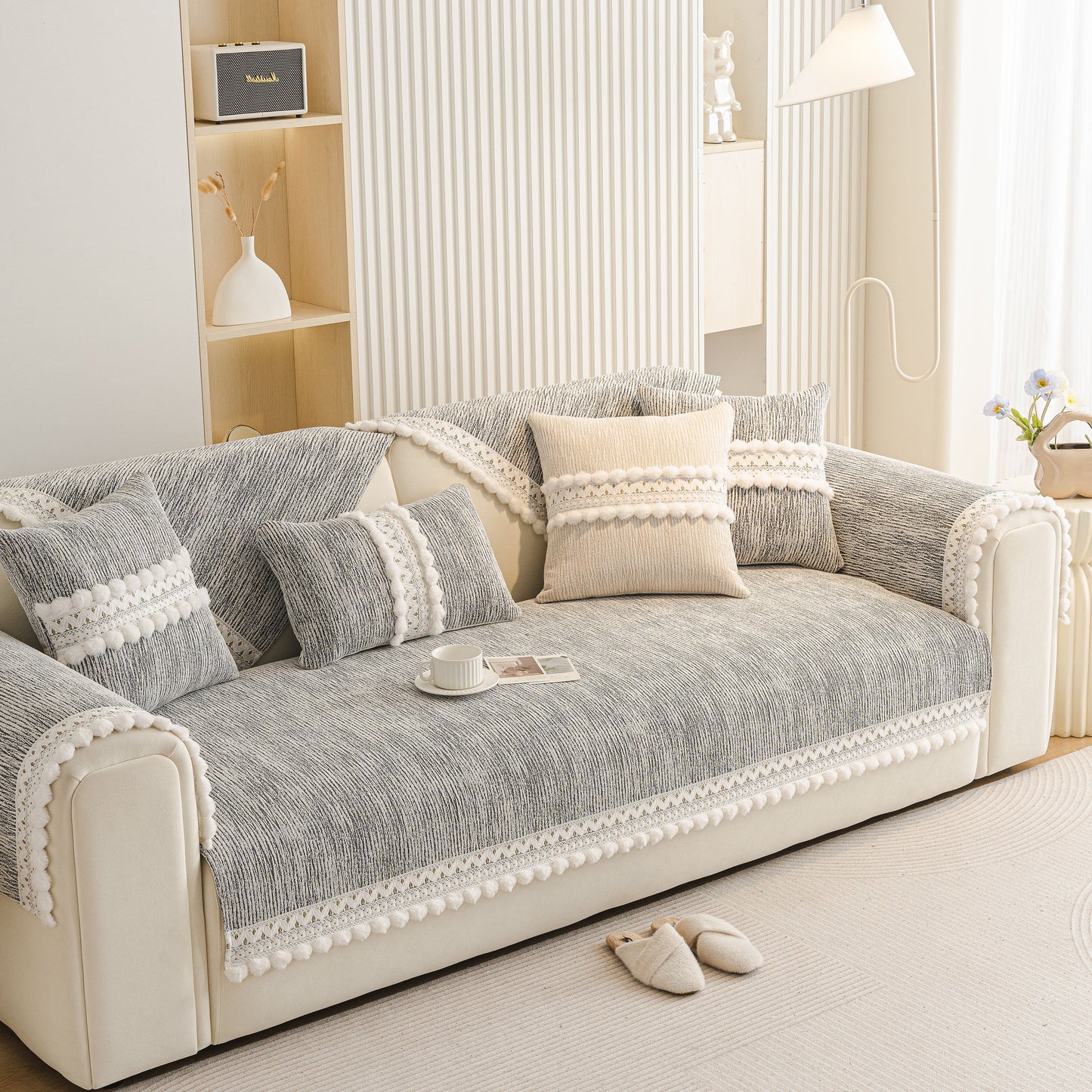 Soft Chenille Sectional Sofa Cover with Pom Pom Trim – Non-Slip Couch Protector