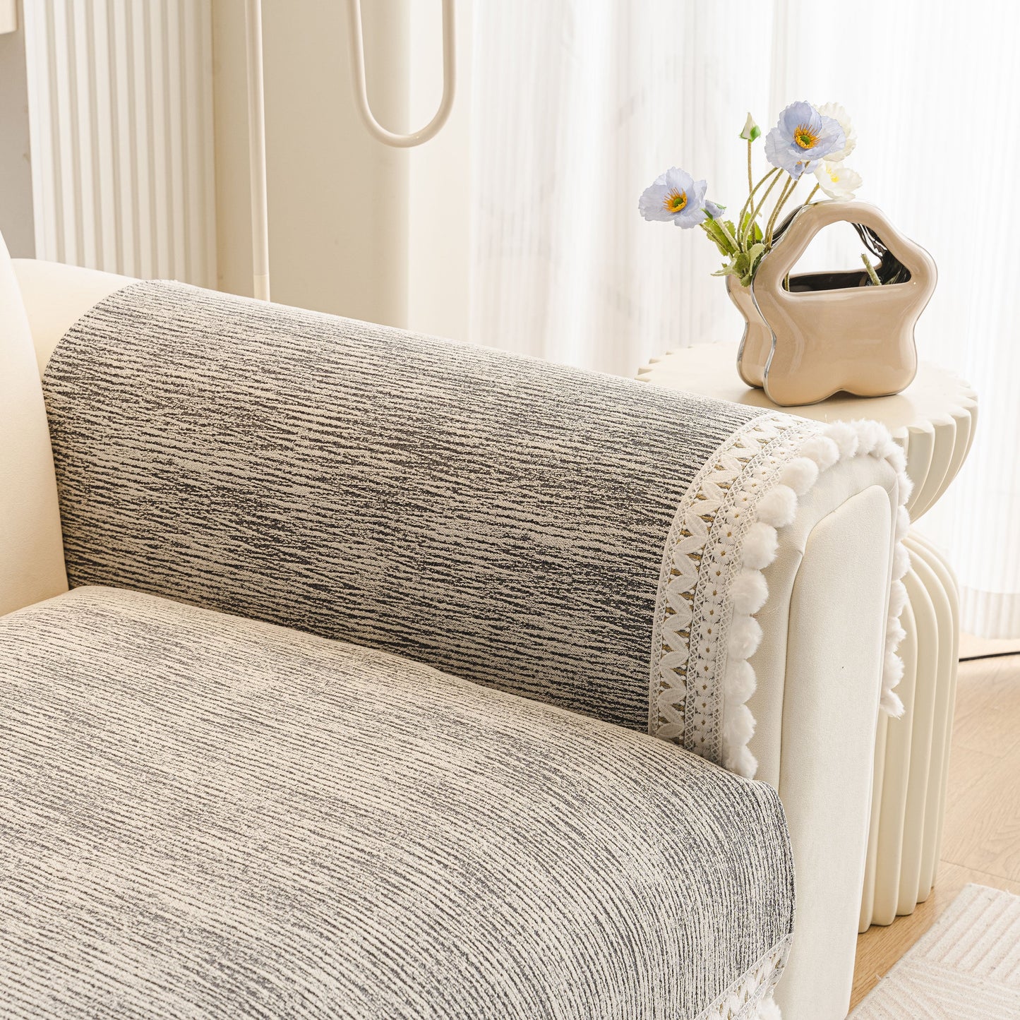 Soft Chenille Sectional Sofa Cover with Pom Pom Trim – Non-Slip Couch Protector
