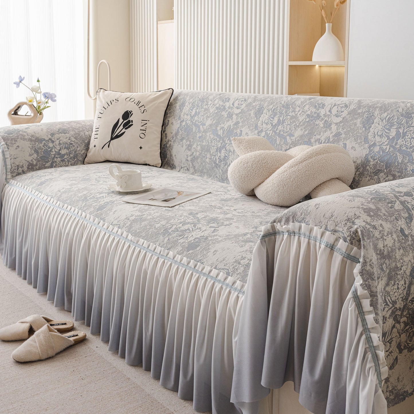 French Chic Style Ruffle Rose Cover Throw for Sofas, Decorative Sectional Covers