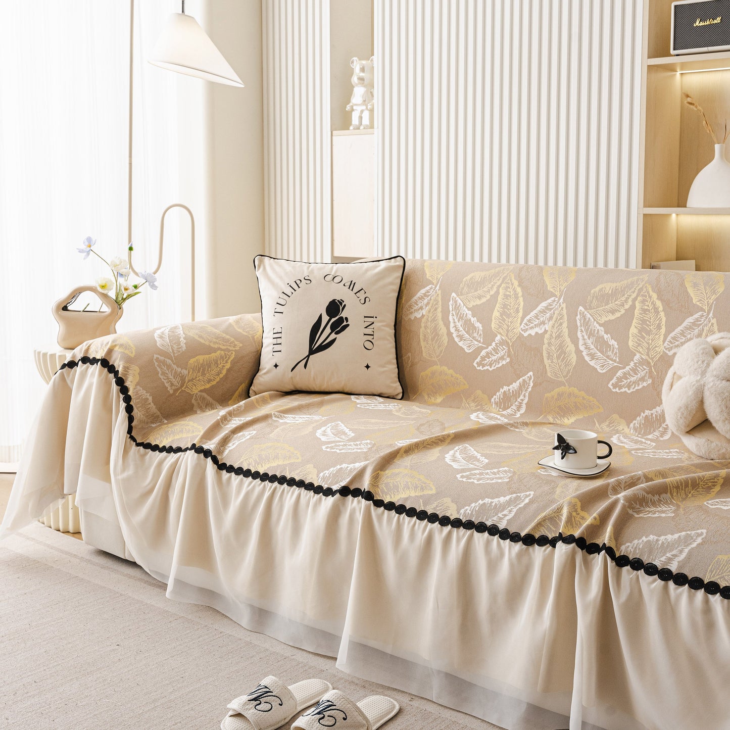 Leaf Jacquard Sofa Cover with Ruffle Skirt – Non-Slip Couch Protector with Sheer Hem