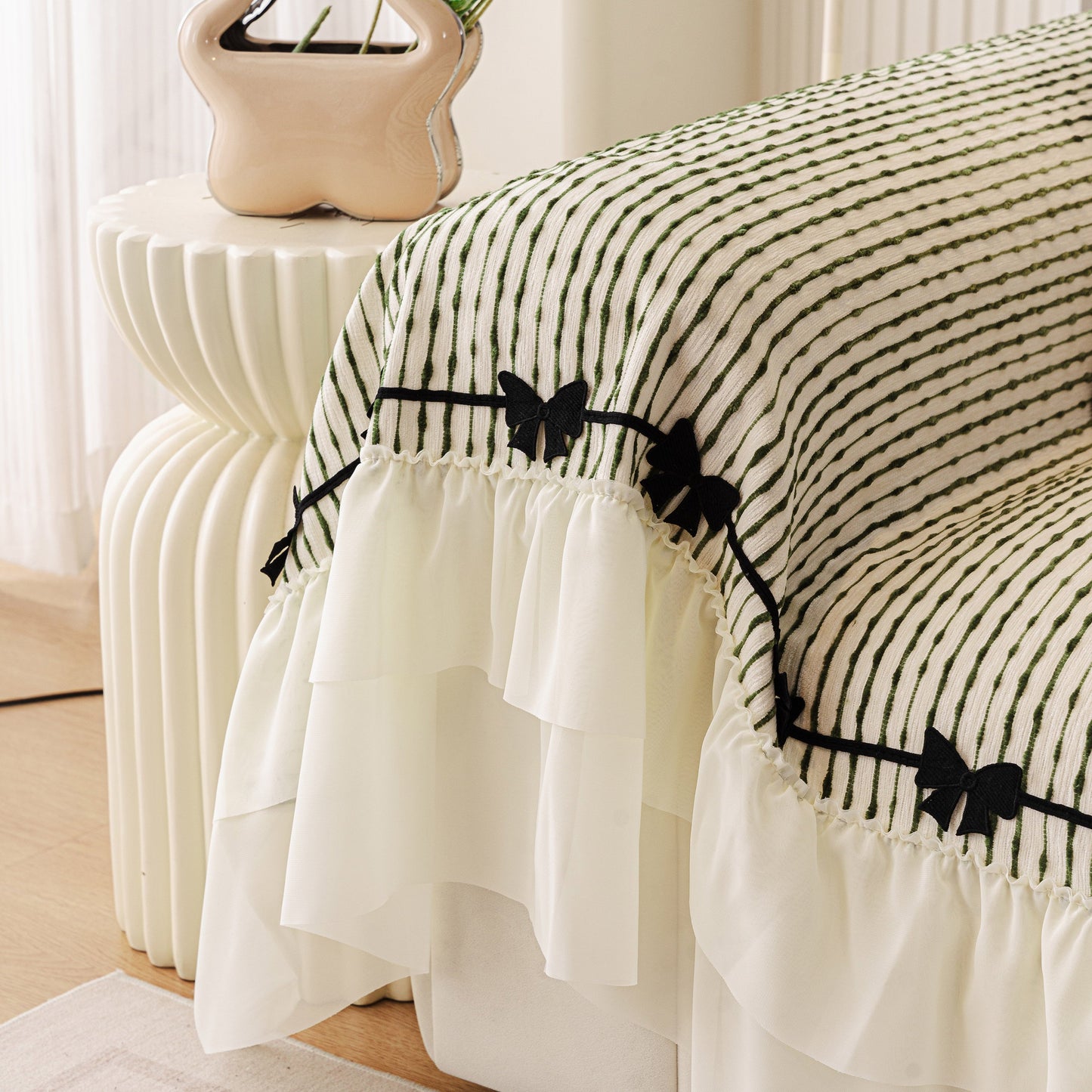 Ruffled Sofa Cover with Bowknot Decor, French Country Style Skirted Couch Slipcover