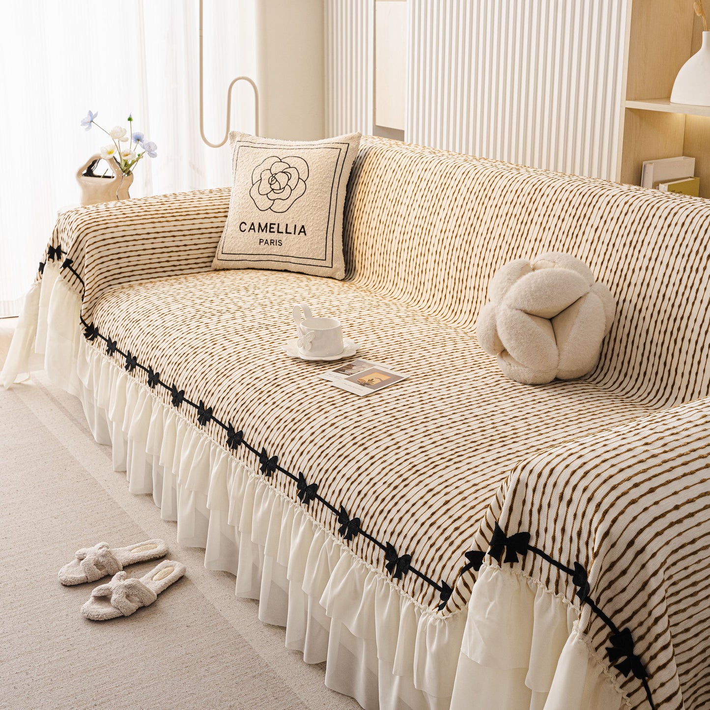 Ruffled Sofa Cover with Bowknot Decor, French Country Style Skirted Couch Slipcover